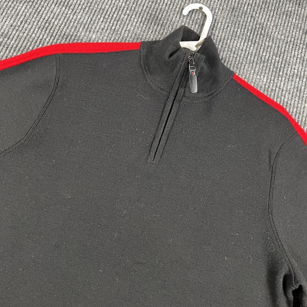Polo Ralph Lauren Sweater Mens Large Black Red Wool Stripe Quarter Zip Pullover